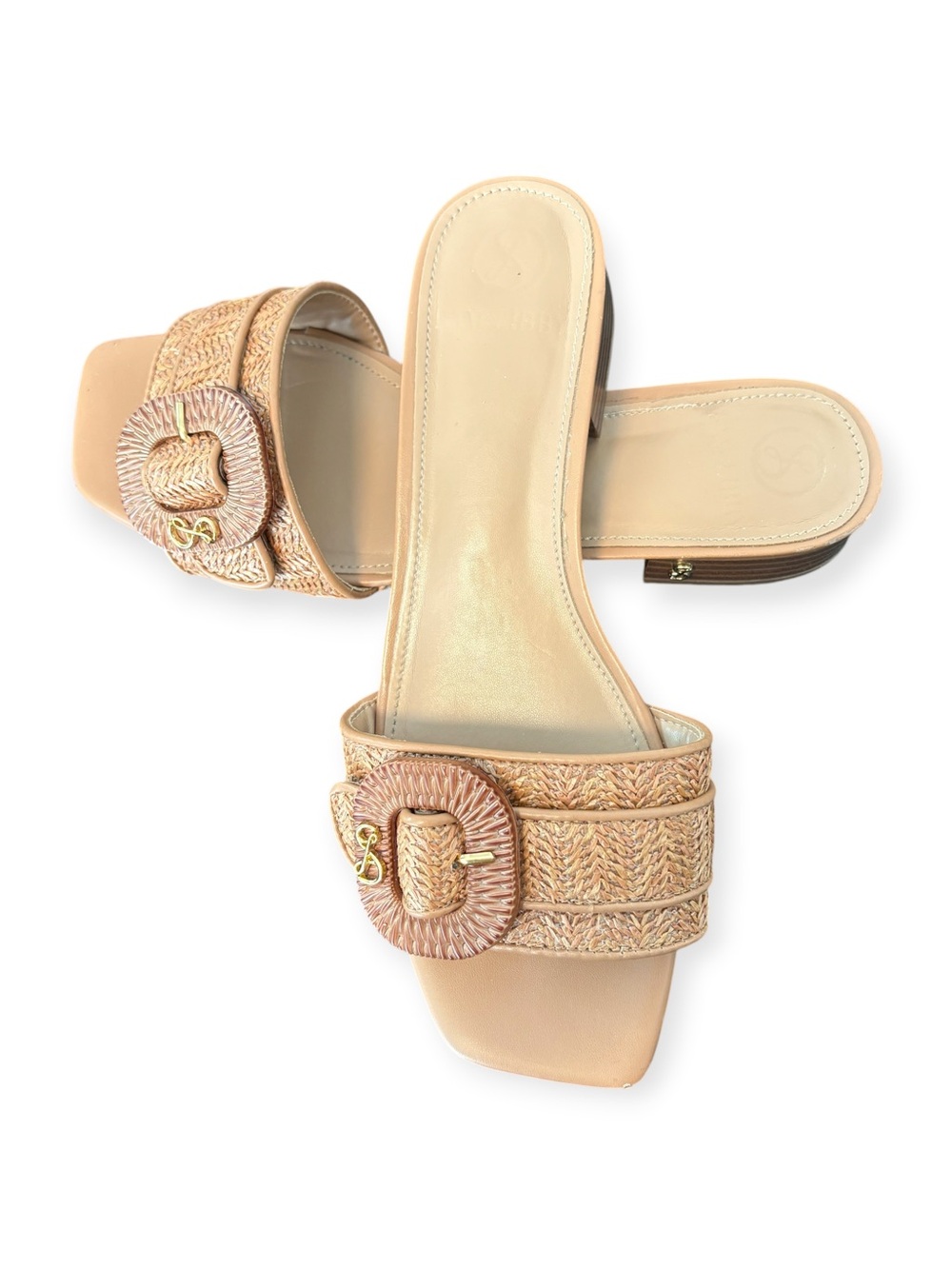 Sam & Libby Natural Beige Woven Slide Sandals with Buckle